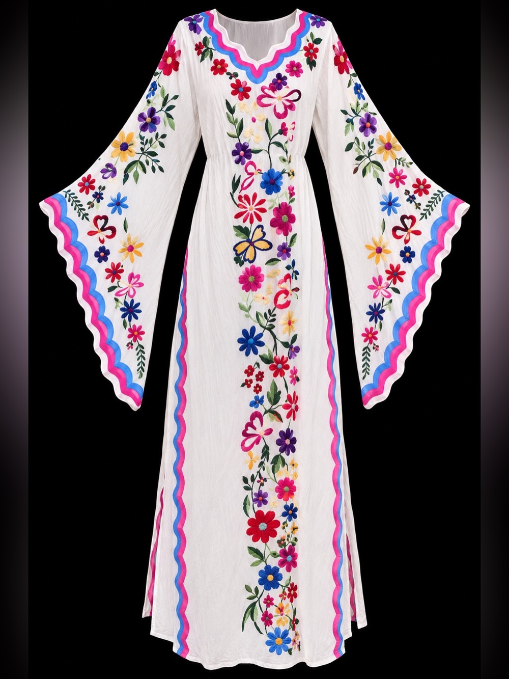 NWT Oshpolive White Floral Embroidered Maxi Dress with Bell Sleeves Small fit